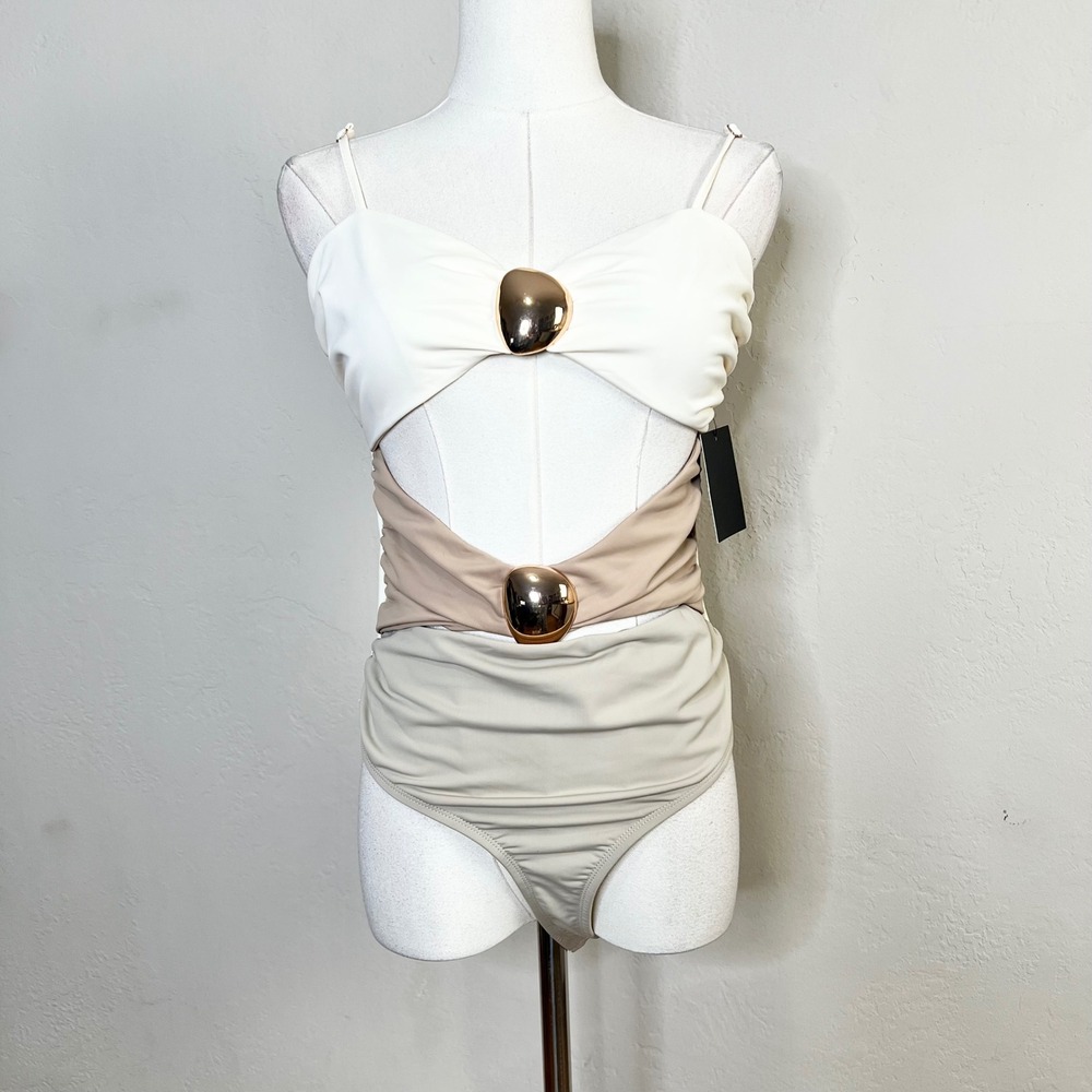 JLUXLABEL Aura Colorblock Cut Out Bodysuit Cream Tan Gold Accent Medium NEW